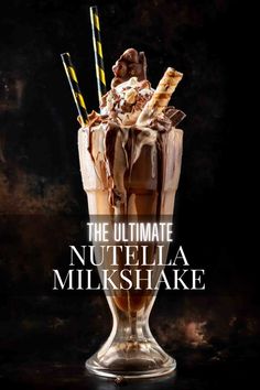 Nutella milkshake in a milkshake glass on a dark background. Nutella Milkshake Recipe, Nutella Milk, Nutella Milkshake, Milkshake Glasses, Homemade Milkshake, Milkshake Recipe, Refreshing Summer Drinks, Chocolate Hazelnut Spread, Restaurant Names