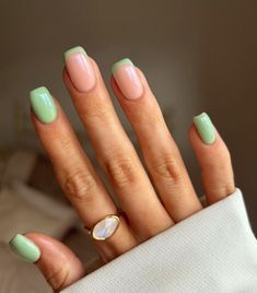 square pastel green gel nails with nude accents, pastel green french tips, minimalistic nail design inspo perfect for spring nails, april nails, may nails, summer nails One Colour Gel Nails, Nude Green Nails, Green Pastel Nails, Coloured French Nails Tips, Pastel Green Nails, Nails April, April Nails, Green French