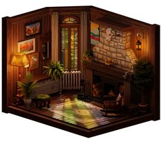 an image of a living room in the style of dollhouse with furniture and fireplace