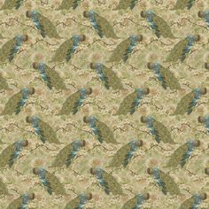 an abstract pattern with blue and green feathers on a beige background, which is very similar to the peacocks in flight