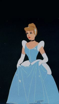 the princess in her blue dress and white gloves is looking back at the camera while she stands