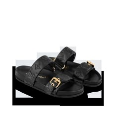 LOUIS VUITTON® - Bom Dia Flat Comfort Mule - Black Louis Vuitton Mules, Louis Vuitton Sandals Outfit, Louis Vuitton Slides Women, Louis Vuitton Slides, Designer Sandals Flat, Designer Slides Women, Louis Vuitton Outfit, 2023 Ss, Lv Shoes