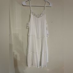 Wallflower Summer Dress 100% Rayon. Very Sweet And Lacey Dress. Lined And Ready For Any Occasion White Sundress With Delicate Straps For Brunch, White Sundress With Delicate Straps For Vacation, White Lace Trim Sundress For Daytime, White Sundress With Tie Straps For Daytime, White Strapped Dresses For Daywear, White Strap Dress For Daywear, White Cami Sundress For Spring, Flowy Sundress With Lace Trim And Spaghetti Straps, White Sundress With Delicate Straps For The Beach