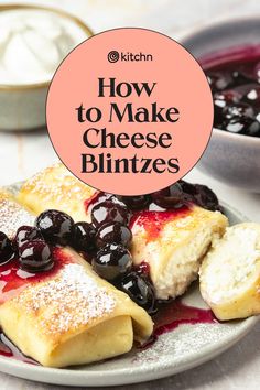 how to make cheese blintzes on a plate with blueberry sauce and powdered sugar