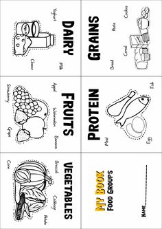 four different types of food labels with the words, draw pictures and write them out