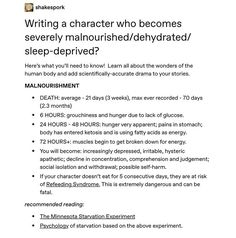 a poster with the words writing character who becomes severely malorished / dehydrated