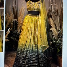 Yellow And Green Indian Lengha With Gold Embroidery For Wedding Or Special Occasion. The Waist Is Adjustable And Is 24-28” And Bust Is 34/35” . Elegant Yellow Embroidered Sharara, Elegant Yellow Choli With Traditional Drape, Festive Yellow Embellished Dupatta, Traditional Yellow Embellished Dupatta, Yellow Embellished Traditional Wear, Traditional Embellished Yellow Dupatta, Elegant Yellow Embroidered Lehenga, Elegant Yellow Choli For Festivals, Embellished Yellow Sets For Reception