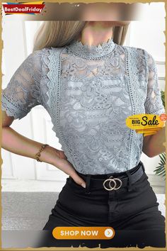 Crochet Lace Short Sleeve Top P6380289720 Gray Party Tops For Spring, Gray Party Top For Spring, Elegant Gray Short Sleeve Tops, Lace Top Blouse, Crochet Lace Shorts, Style Hacks, Lace Long Sleeve Shirt, Chiffon Shirt Blouse, Classy Lady