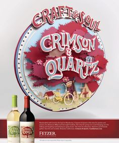 two bottles of wine sitting next to each other on top of a table in front of a sign that says craft & soul crimson and quart