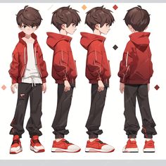 an anime character is wearing red hoodie and black pants with white sneakers on his feet