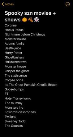 the list for spooky sn movies and shows on an iphone screen with text