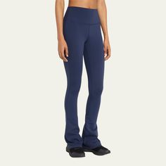 Splits59 "Raquel" flare pants in four-way stretch Supplex fabric  High-rise waistband Cropped at the ankle Fitted through hip; flared from knee Pull-on style  Nylon/polyester Imported Blue Stretch Full-length Flares, Blue Flare Pants In Elastane, Blue Flare Pants With Elastane, Mid-rise Compression Elastane Pants, Compressive Full-length Leggings, Full Length Leggings With Wide Waistband, Full Length Yoga Pants, Stretch Full-length Flares For Yoga, Stretch Full-length Yoga Flares