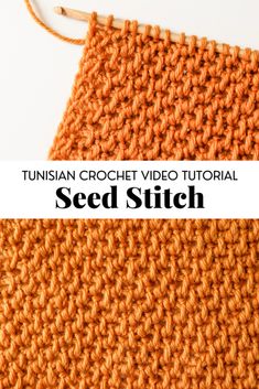 an orange crochet video stitch with text overlay