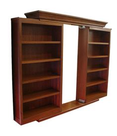 a wooden bookcase with two doors open