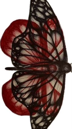 a red and white butterfly with black wings