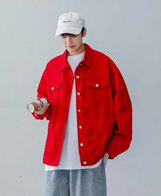 Red Loose Denim Jacket | Jinsoul - Loona M Bleached Denim Jacket, Jinsoul Loona, Plaid Suit Jacket, Cropped Biker Jacket, Brunch Dates, Fashion Chingu, Neutral Tops, Pop Of Red, Types Of Coats