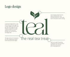 the logo design for tea is shown in green and white colors, with an image of leaves