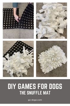 four different pictures with the words diy games for dogs on them, and an image of