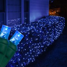 blue christmas lights in front of a house