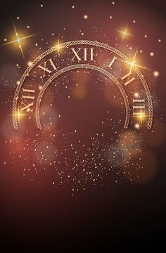 an image of a golden clock on a dark background with sparkling stars and sparkles