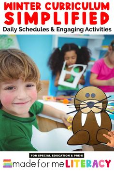 an image of a young boy smiling at the camera with text overlay that reads winter curriculum simplified daily schedules & engaging activities