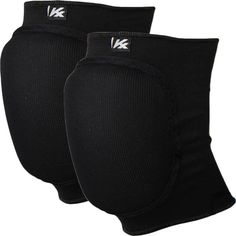 two black knee pads with white letters on them