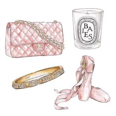 three different types of women's handbags and shoes, including a pink purse