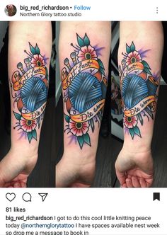 two people with tattoos on their legs and one has a blue heart in the middle