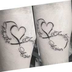 two tattoos with hearts and words on them