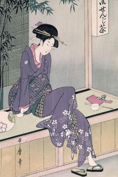 size: 18x12in Giclee Print: Mujer Sentada En Una Veranda, Ca. 1798 by Kitagawa Utamaro : Art Geisha, Illustration Traditional, Illustration Japanese, Illustration Wallpaper, Art Chinois, Geisha Art, Anime Japanese