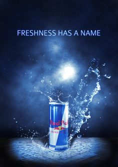 a can of pepsi cola with water splashing out of it and the caption freshness has a name