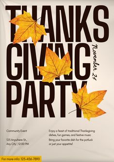 a thanksgiving party flyer with yellow leaves on the front and back of it's cover