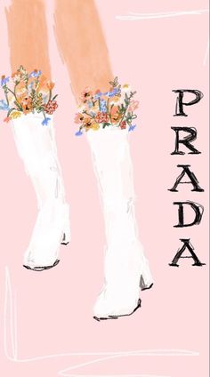 a drawing of a woman's legs wearing white boots with flowers on the heel