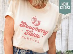 Introducing our super cute strawberry fields forever t-shirt. This shirt is high quality, light, and made with soft ringspun cotton. It will make a great summer t-shirt or gift for a strawberry lover.  Find seasonal and niche-inspired shirts, t-shirts, and sweatshirts here at Wide Awake Cph. Bella And Canvas Brand Shirts Unisex Adult Sizing  Rolled Sleeves in pictures are for styling purposes only  SIZE CHART Please scroll through the listing photos to see the size chart. WASHING INSTRUCTIONS Wa Strawberry Clothes, Cottagecore Strawberry, Strawberry Pictures, Strawberry Fields Forever, Wide Awake, Cute Strawberry, Brand Shirts