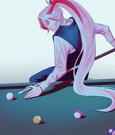 a woman with long white hair sitting on top of a pool table next to balls