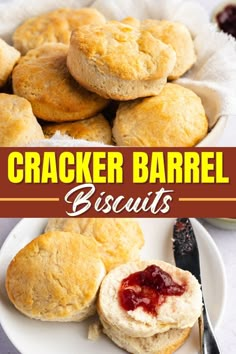 this is an image of cracker barrel biscuits on a plate with butter and jelly