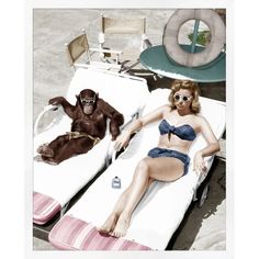 a woman in a bathing suit sitting on a bed next to a gorilla wearing sunglasses