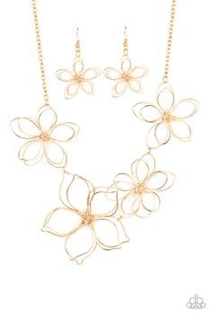 Shiny gold wire delicately twists into oversized blossoms. Varying in size, the airy floral frames delicately link into an asymmetrical display as the layered frames elegantly pop beneath the collar. Features an adjustable clasp closure.

 Sold as one individual necklace. Includes one pair of matching earrings. Layered Frames, Floral Frames, Happy Jewelry, Wire Flowers, Golden Flower, Gold Jewelry Necklace, Gold Necklace Set, Paparazzi Accessories, Flower Accessories