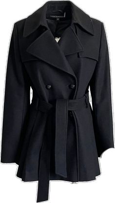 Elegant Black Pea Coat For Spring, Black Belted Pea Coat For Work, Elegant Black Pea Coat For Fall, Chic Black Pea Coat With Lapel Collar, Chic Black Pea Coat For Office, Elegant Black Pea Coat For Office, Elegant Black Double-breasted Pea Coat, Coat Belt, Coat With Belt