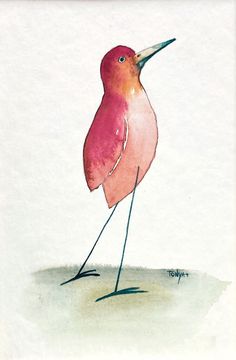 a watercolor painting of a pink bird standing on one leg with its beak open