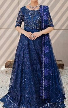 Dark Blue Net Suit -  Pakistani Chiffon Dresses Pakistani Designer Clothes, Organza Sleeves, Chiffon Collection, Embroidered Sleeves, Embroidered Dupatta, Dress Chiffon, Modest Wear, Silk Trousers, Suit Fabric