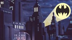 a batman movie poster with the city skyline in the background and an illuminated bat flying over it