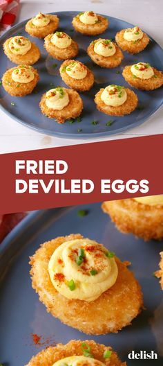 fried deviled eggs on a blue plate with text overlay that reads fried deviled eggs