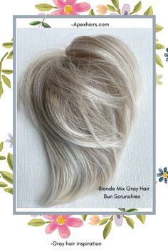 Mix blonde grey hair straight bun hair bun scrunchies. Blonde Grey Hair, Grey Hair Topper, Fake Hair Buns, Bun Scrunchie, Grey Hair Pieces, Grey Hair Looks, Grey Blonde Hair, Curly Bun Hairstyles, Grey Blonde