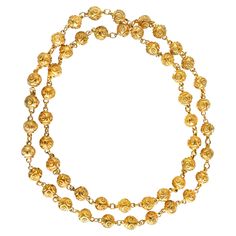 18K Solid Gold Ball Etruscan Revival Necklace. Unique design links 51 yellow gold balls together in an oval spring ring with no open clasp. Gold ball dimensions: 7.48 mm long x 9 mm wide. Necklace dimensions: 32 inches/81.5 cm. Total weight: 101 grams. Luxury Yellow Gold Jewelry With Spacer Beads, Formal Gold Necklaces With Spacer Beads, Gold Oval Single Strand Jewelry, Elegant 22k Gold Necklaces With Round Beads, Elegant 22k Gold Round Bead Necklace, 22k Gold Beaded Jewelry For Formal Occasions, 22k Gold Beads Jewelry For Formal Occasions, Elegant 22k Gold Necklace With Round Beads, 22k Gold Jewelry For Formal Occasions