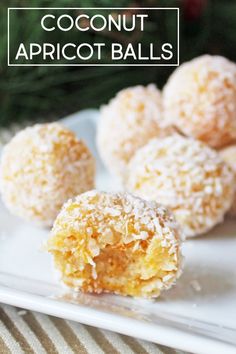 coconut apricot balls on a white plate