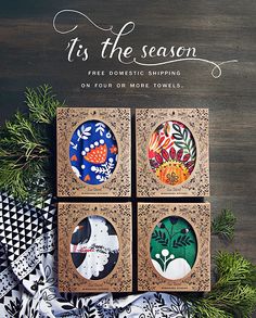 four wooden boxes with different designs on them and the text it's the season free domestic shipping on four or more towels