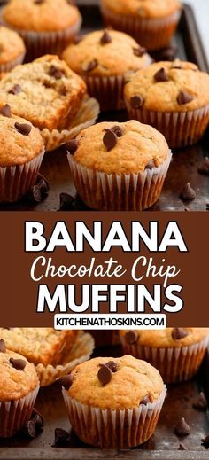 Learn how to make the best banana muffins with chocolate chips that is made without eggs, and is adaptable for dairy-free. This easy muffin recipe is made with 2 bananas in one bowl. Get the eggless banana chocolate chip muffins recipe at kitchenathoskins.com.