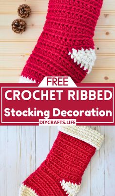 a crocheted stocking with the words free crochet ribbed on it