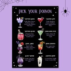 a poster with different drinks on it that says pick your poson, witch brew and vampire